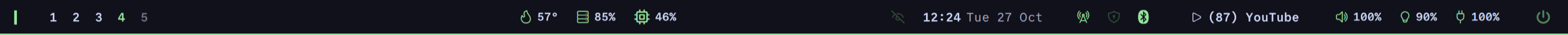 The bar: workspaces, system stats, clock, media, volume, brightness and battery